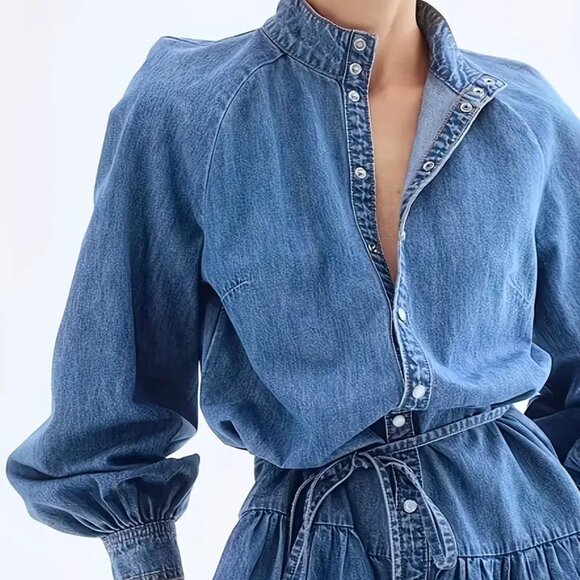Lantern Sleeve Waist Tie Denim Dress - Picture 3 of 6